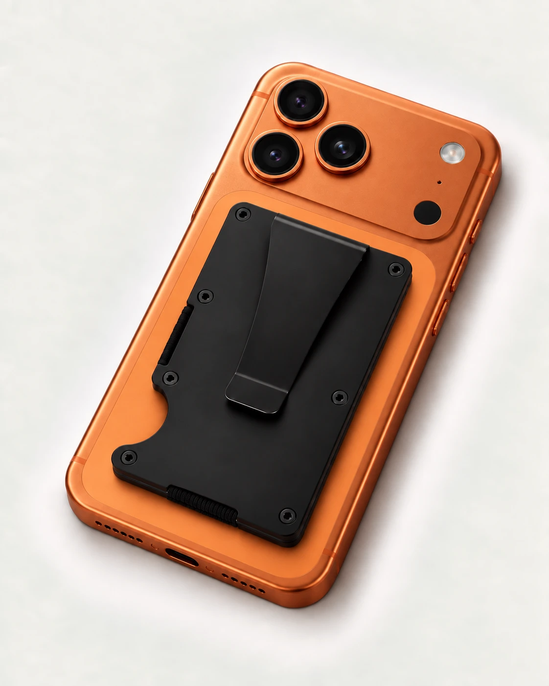 Kardvo Wallet fixé au dos d'un smartphone orange